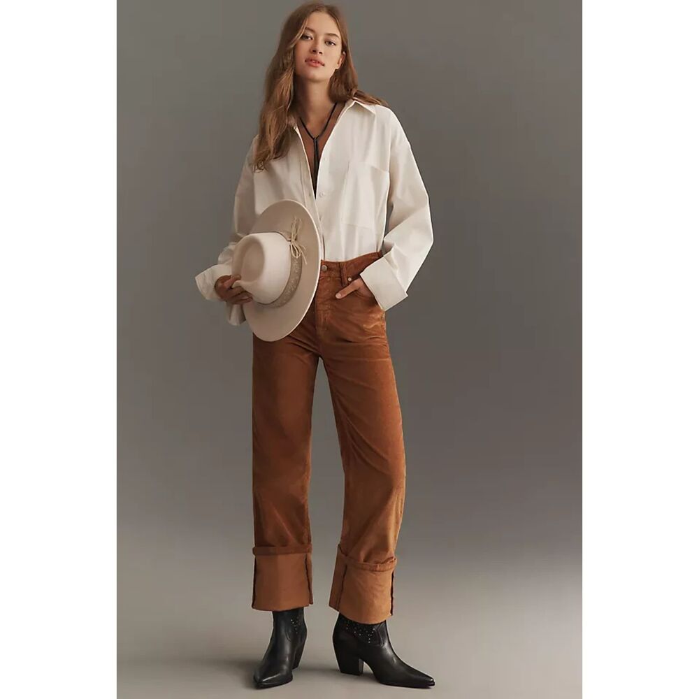 Brown PILCRO The Scotty Cuffed High-Rise Straight-Leg Corduroy Pants (NWT)